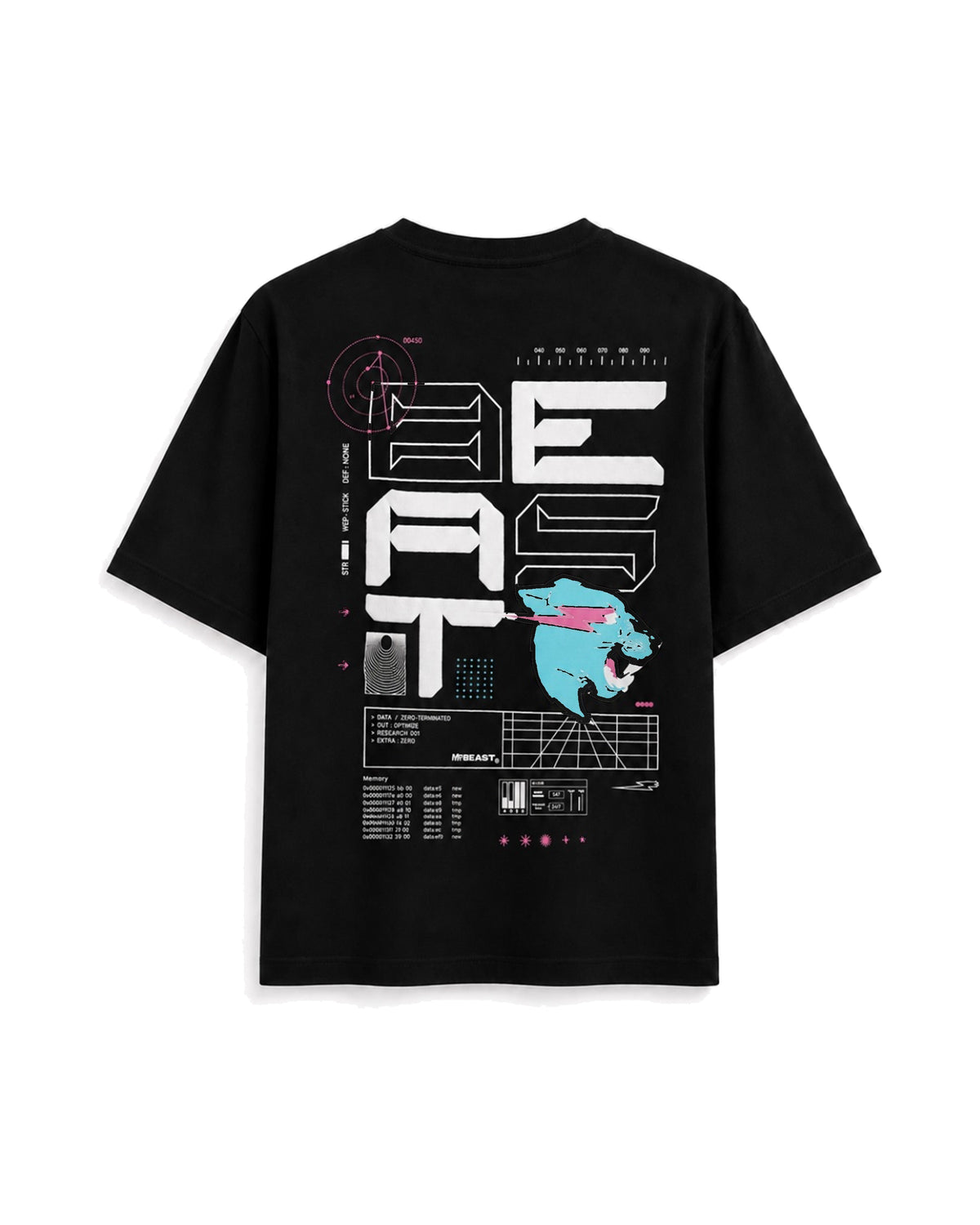 Official MrBeast Tech T-shirt in black, flat lay, back