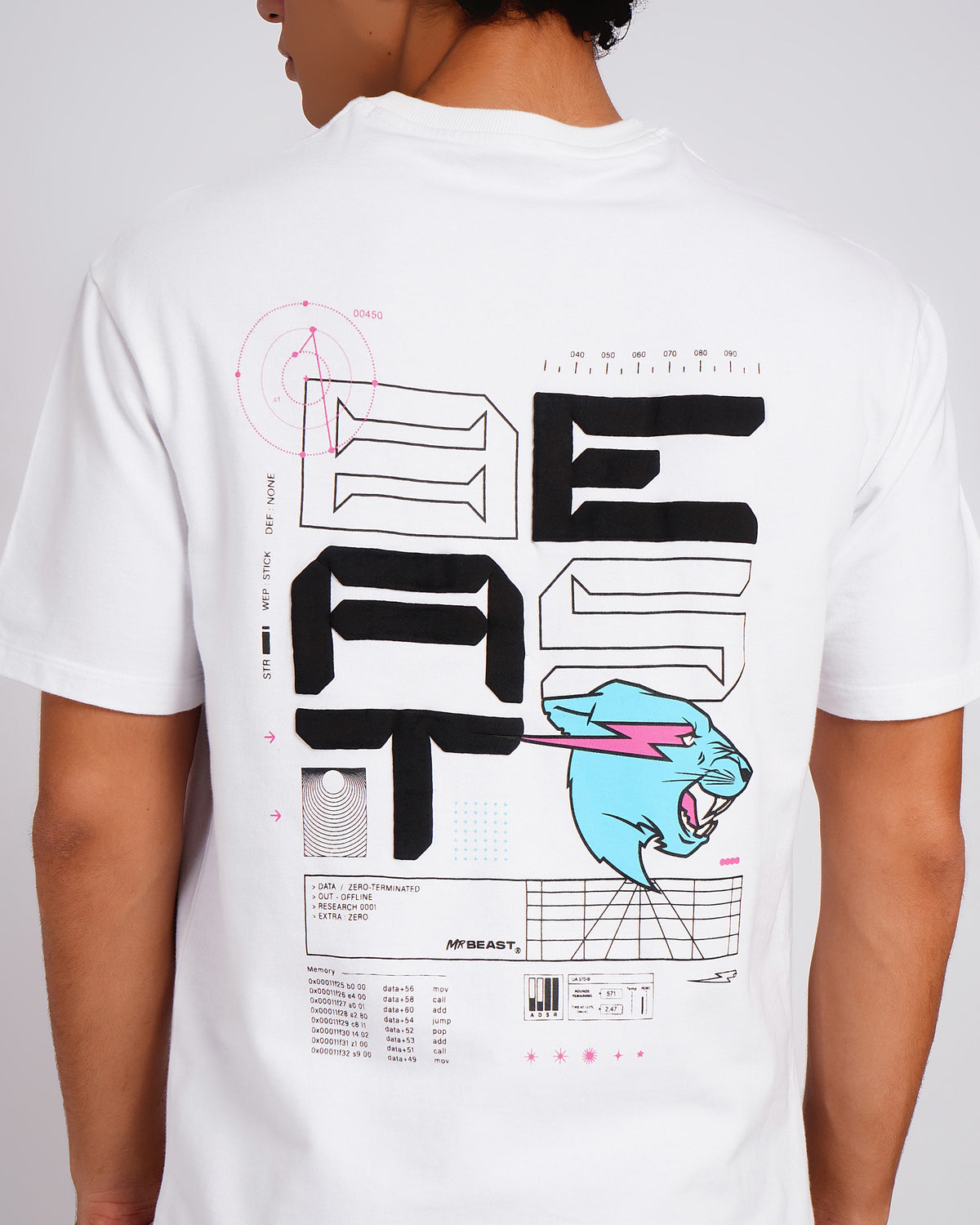 Official MrBeast Tech T-shirt in white, close-up of the stacked BEAST tech graphic