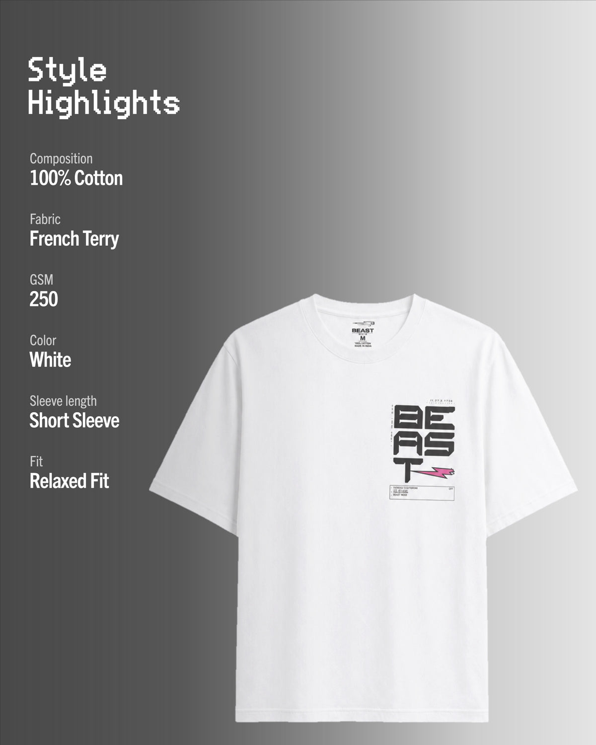 Official MrBeast Tech T-shirt in white, style highlights, 100% cotton French Terry, 250 GSM, relaxed fit