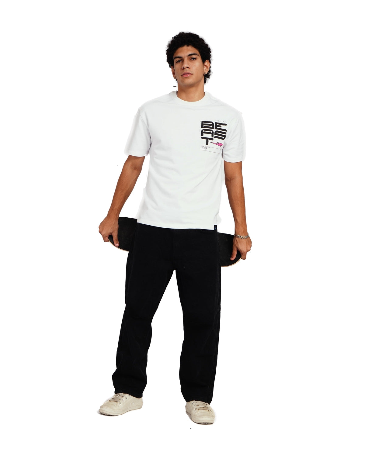 Official MrBeast Tech T-shirt in white, full-length view