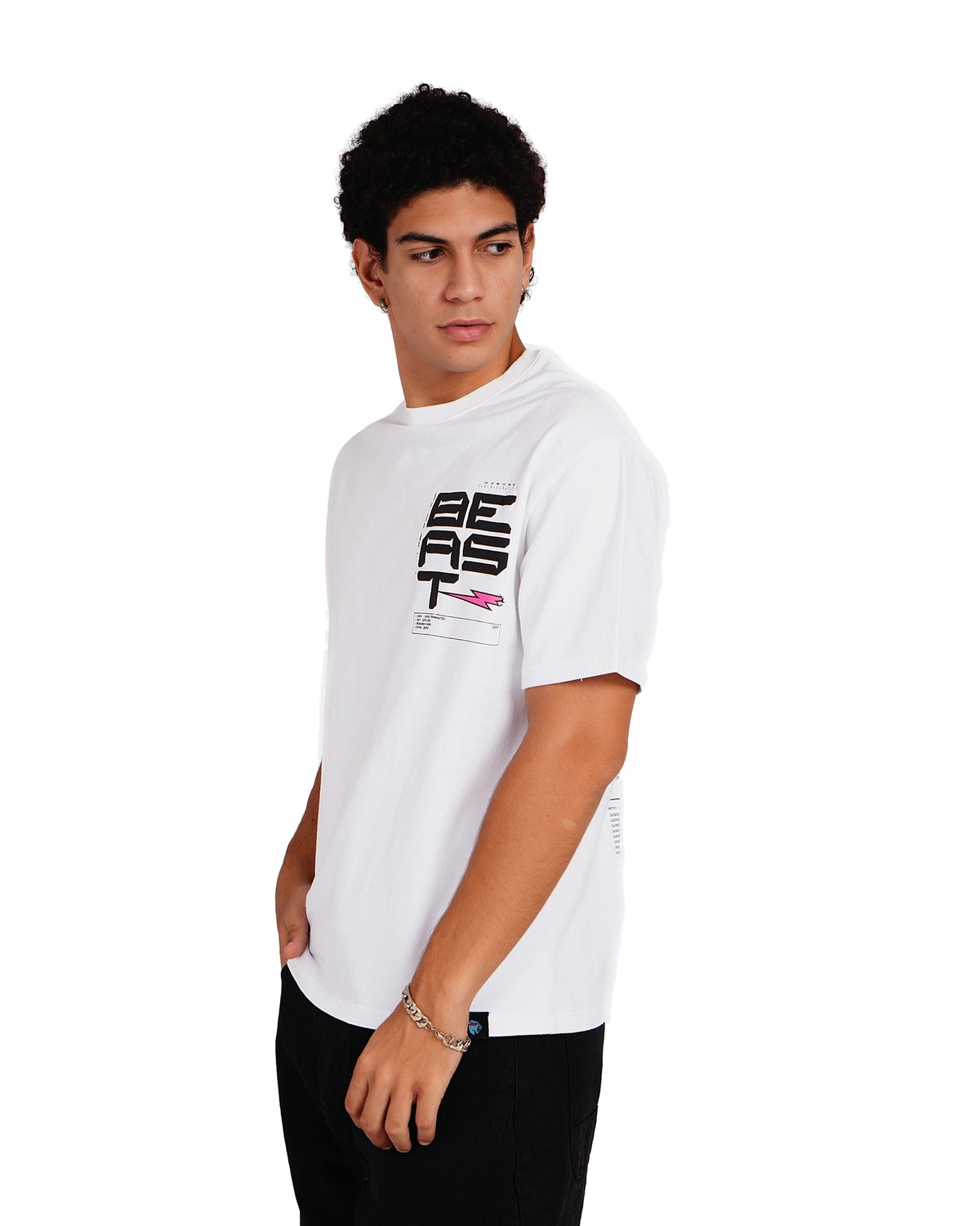 Official MrBeast Tech T-shirt in white, side view
