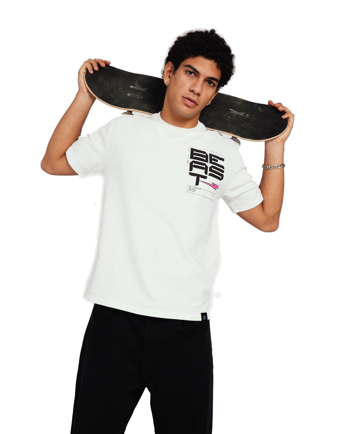 Official MrBeast Tech T-shirt in white, styled pose