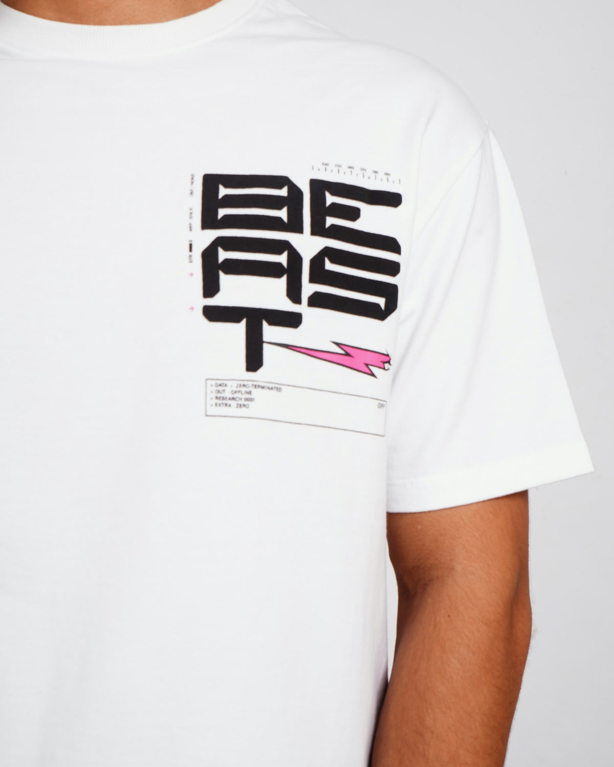 Official MrBeast Tech T-shirt in white, close-up of the print