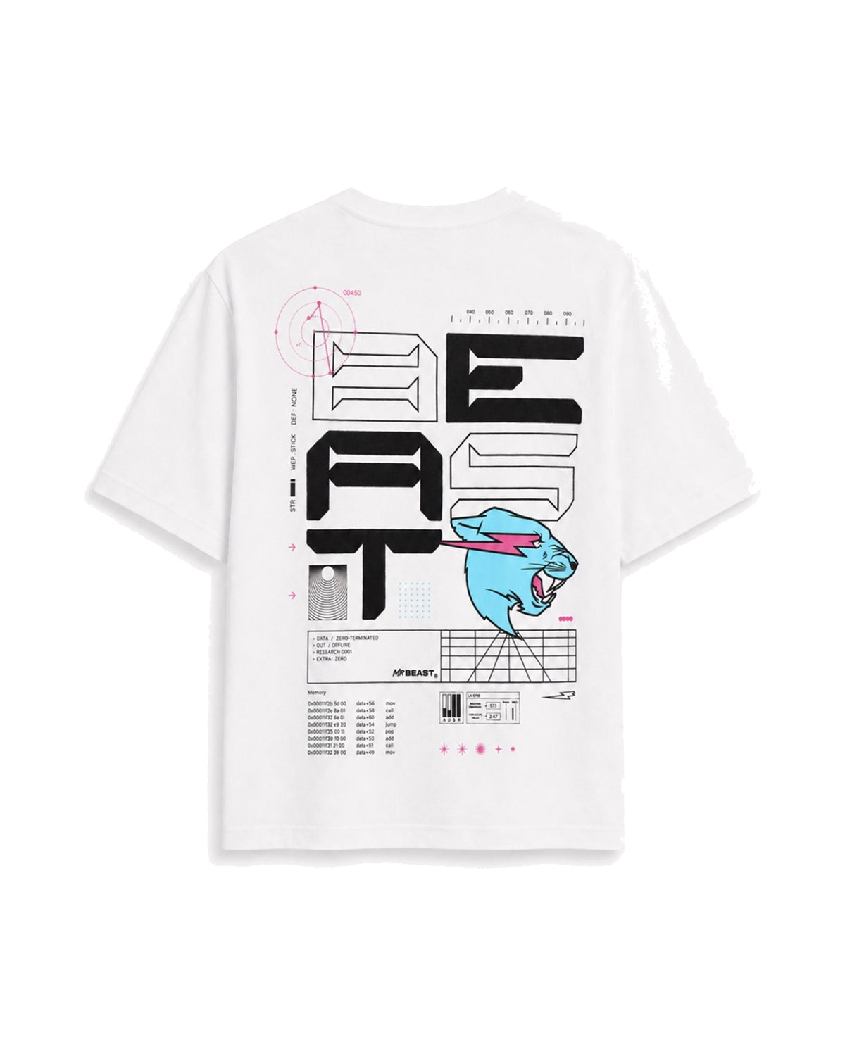Official MrBeast Tech T-shirt in white, flat lay, back