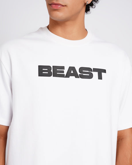 Official MrBeast Tonal T-shirt in white, close-up of the BEAST wordmark chest graphic