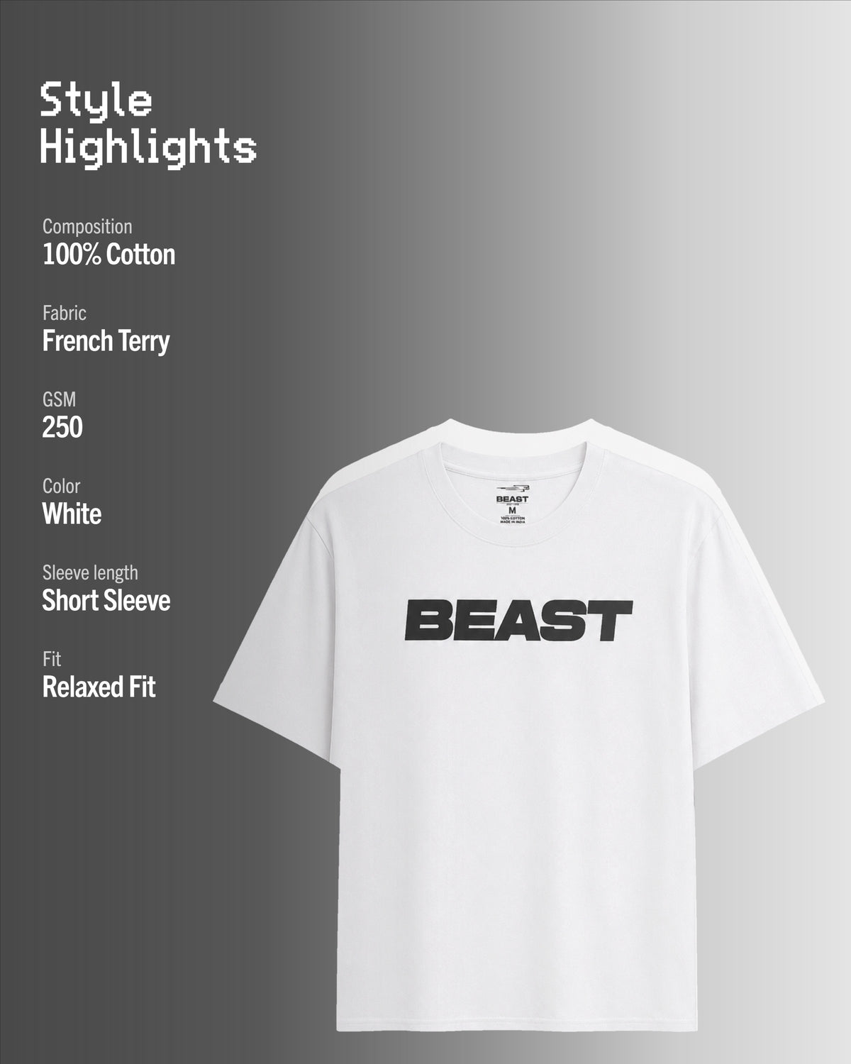 Official MrBeast Tonal T-shirt in white, style highlights, 100% cotton French Terry, 250 GSM, relaxed fit