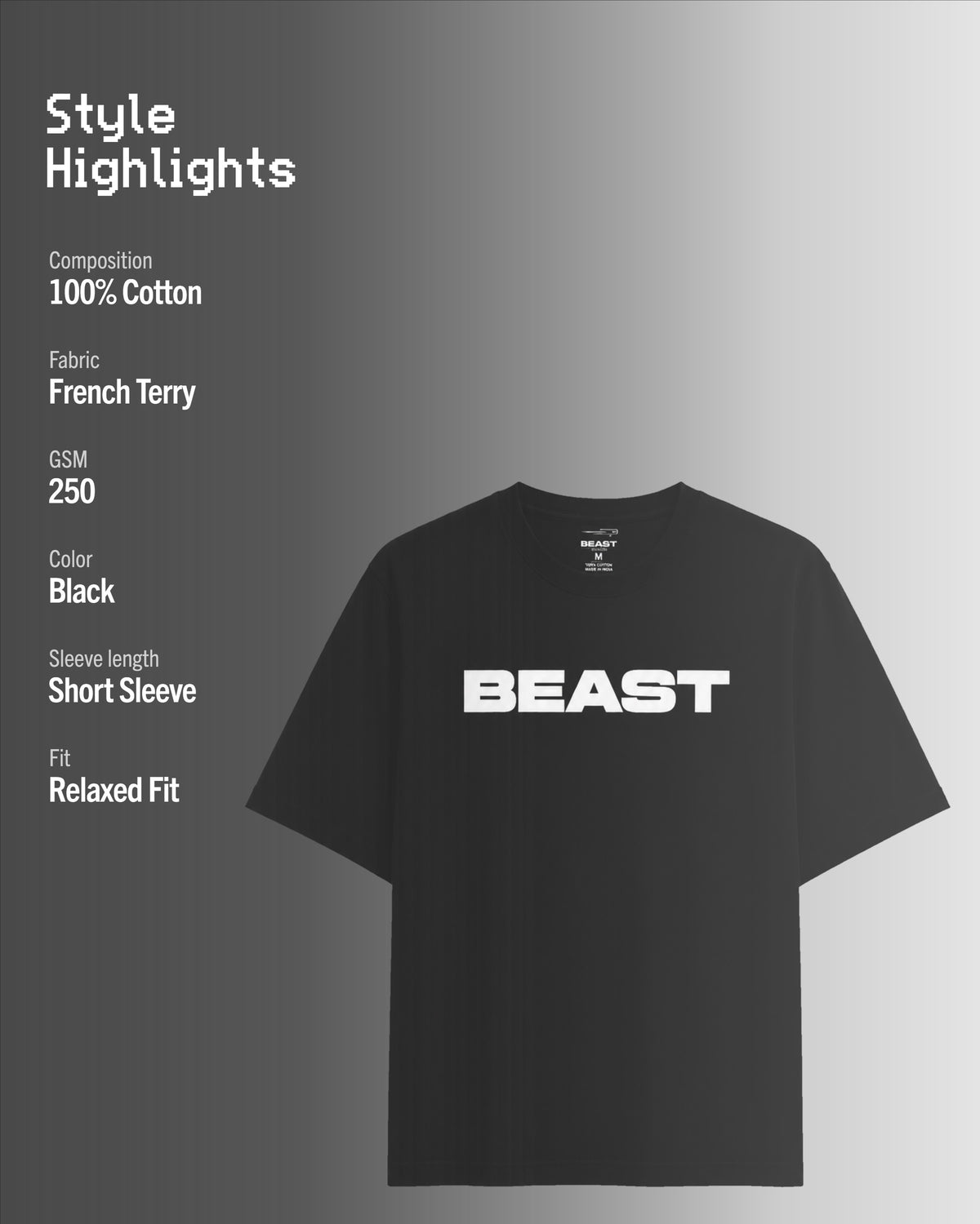 Official MrBeast Tonal T-shirt in black, style highlights, 100% cotton French Terry, 250 GSM, relaxed fit