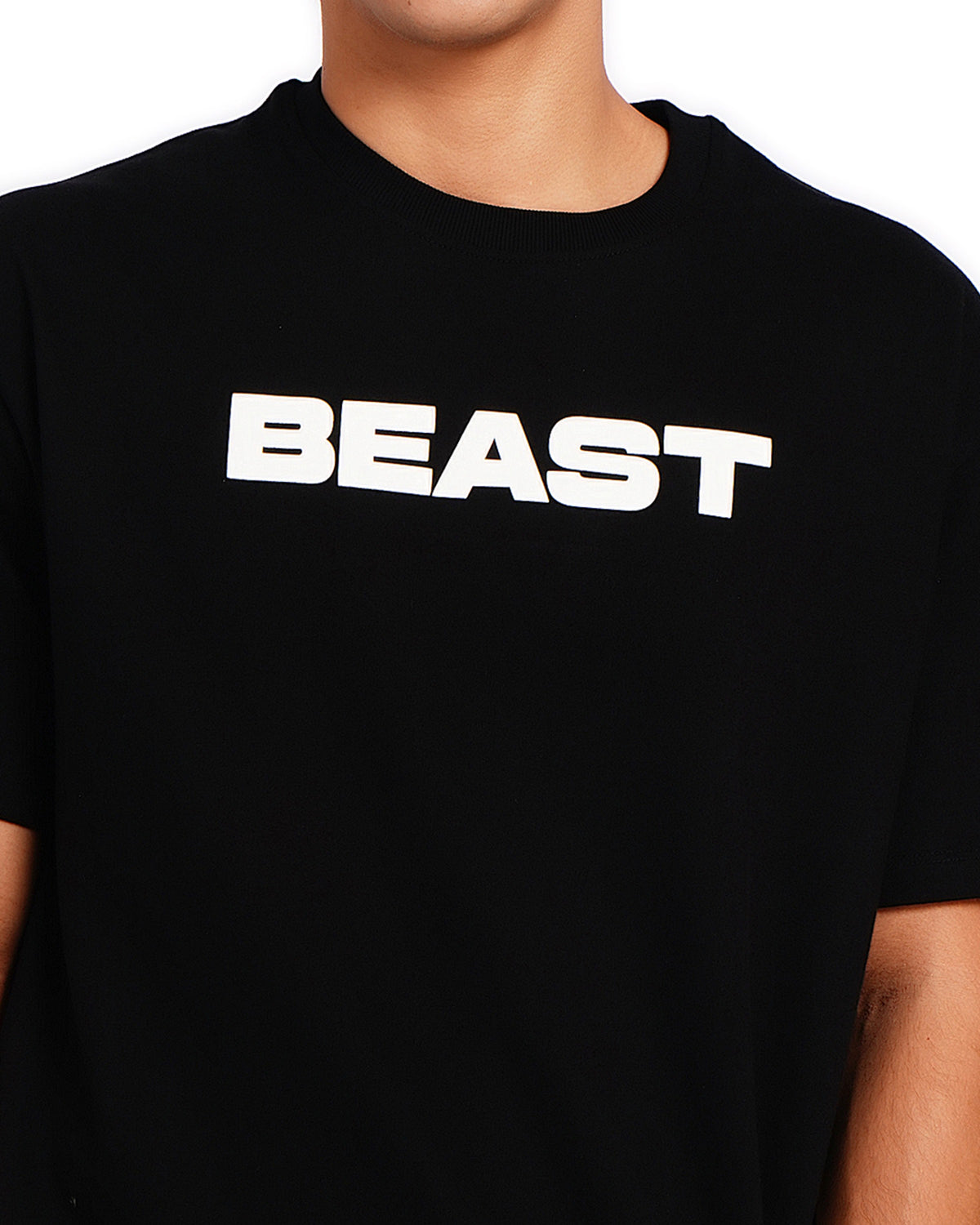 Official MrBeast Tonal T-shirt in black, close-up of the BEAST wordmark chest graphic